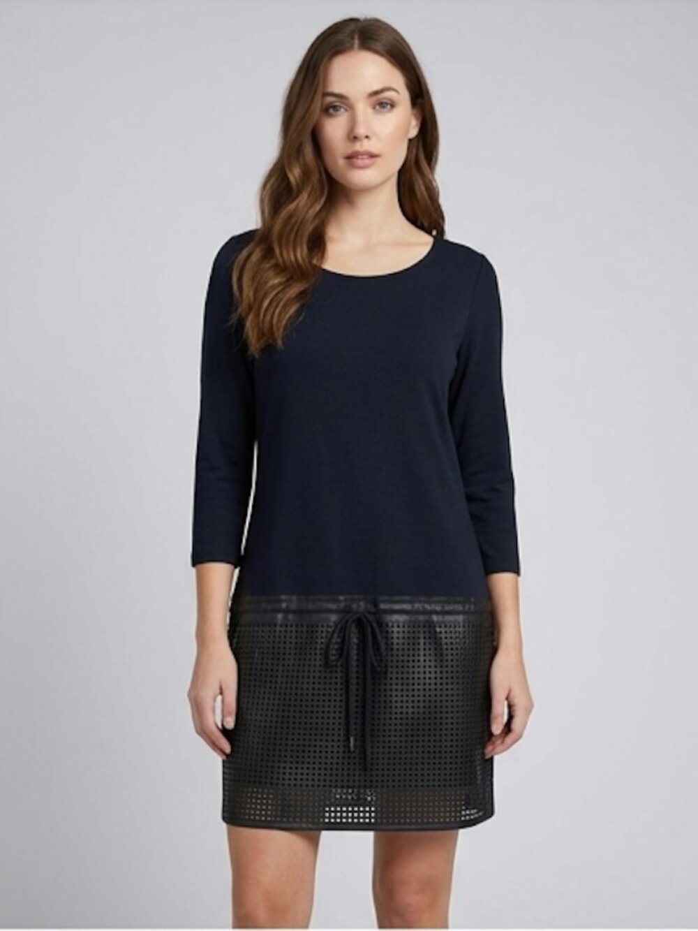DEX Black 3/4 Sleeve Drop-Waist Shift Dress | Perforated Faux Leather Hem